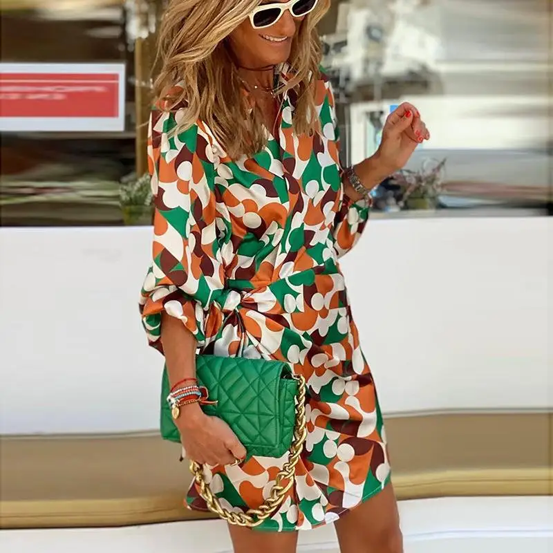 

Women's Clothing Autumn Winter New Elegant Printed V-neck Pleated Short Dress High Waist Casual Fashion Mini Dress Sexy