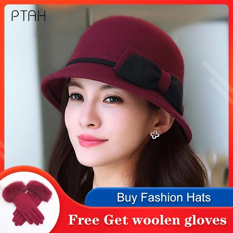 

[PTAH] брендовые фетровые шляпы, зима-осень 100%, шерстяные женские фетровые шляпы, топ, джазовая шляпа, круглые шляпы в европейском и американск...