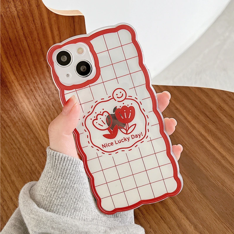 

Cute Red Plaid flower Wavy Frame Phone Case For iPhone13 11 12 Pro Max X XR XS Max MINI 7 8Plus Fashion Cartoon Clear Soft Cover