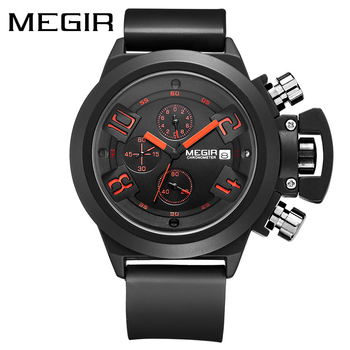 MEGIR Big Dial Sports Men Quartz Watch Fashion Black Silicone Strap Multifunction Chronograph Calendar Waterproof Watches Mens-36628
