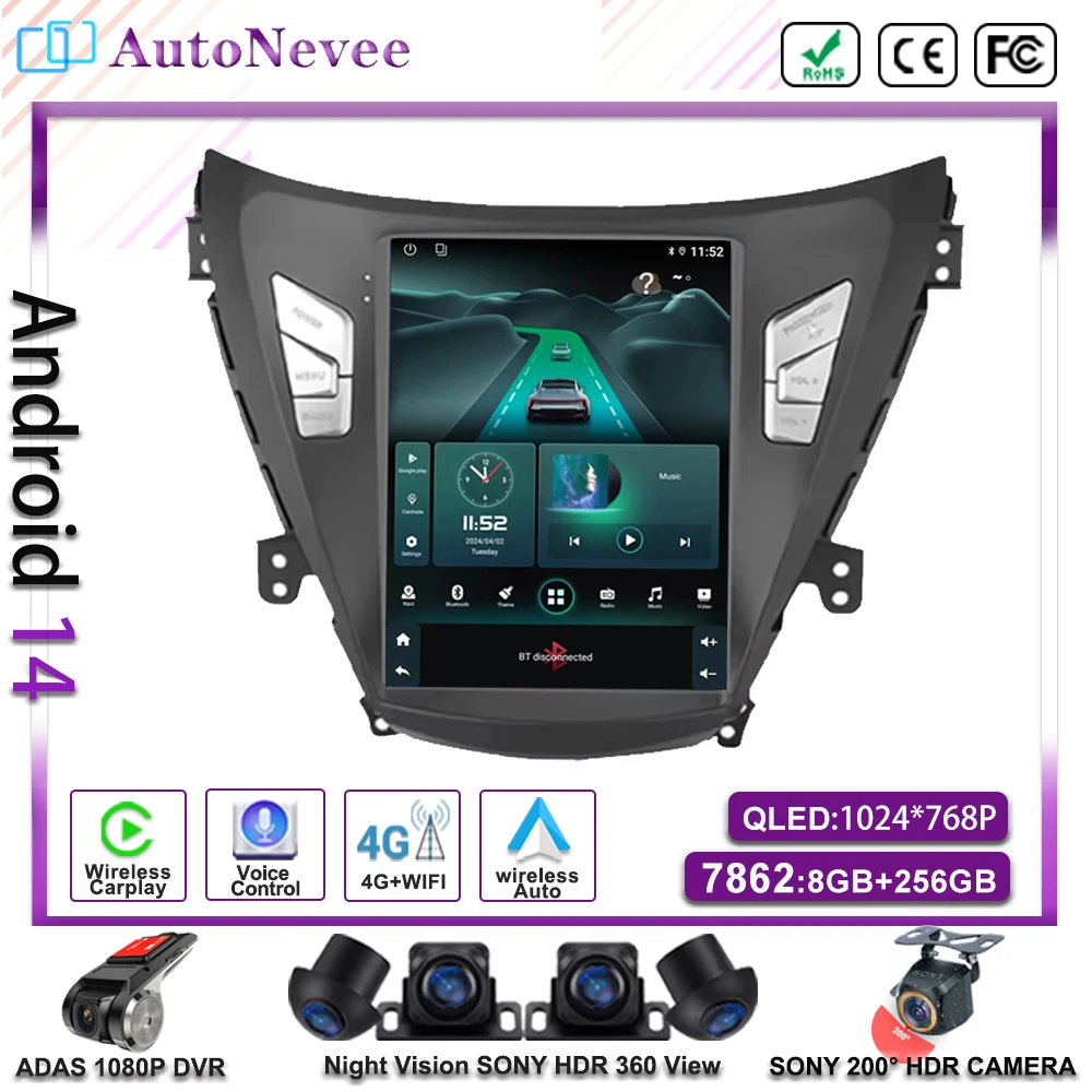 Android 14 9 7 дюймов для Hyundai Elantra Avante 2011-2013 Мультимедийный плеер GPS-навигация Авто