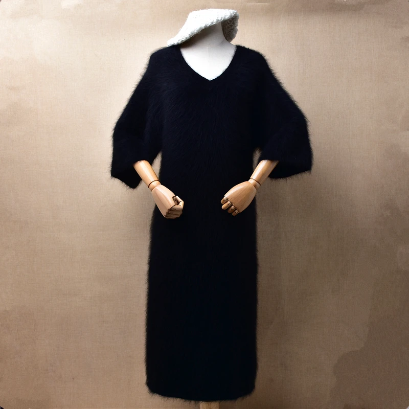 

Женская осенне-зимняя одежда из черной шерсти норки и кашемира, вязаное Свободное длинное платье-свитер из ангоры с V-образным вырезом и рукавом до локтя, натяжные Топы