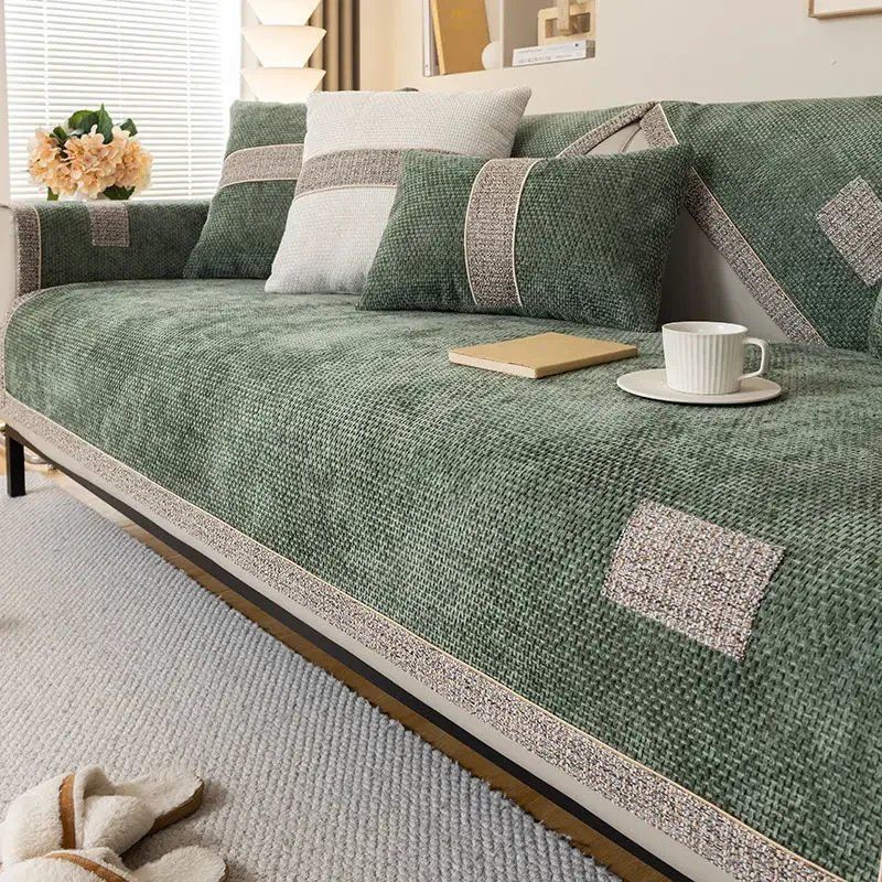 New Solid Color Chenille Sofa Mat Cover Universal Striped Couch Cushion Dust-proof Non-slip Pet Cat Slipcover Living Room