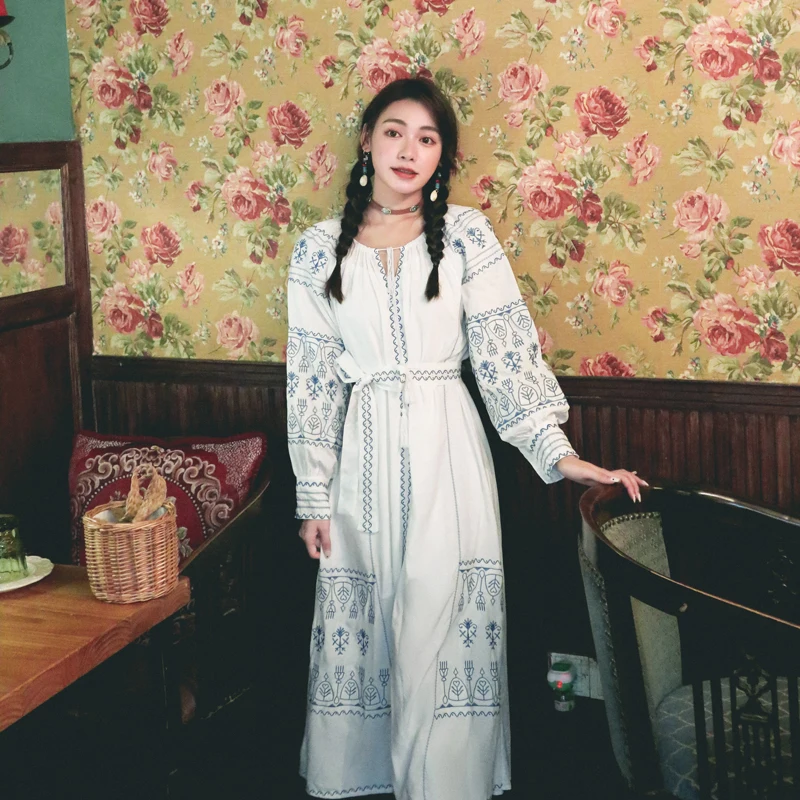 

SuperAen 2022 Summer Bohemian National Style Embroidery Lace Up Printing O-Neck A-LINE Casual Dresses for Women