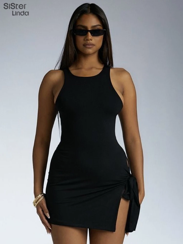 

Женское облегающее мини-платье Sisterlinda, эластичное платье без рукавов с круглым вырезом и Боковым Разрезом, Клубная одежда для вечерние