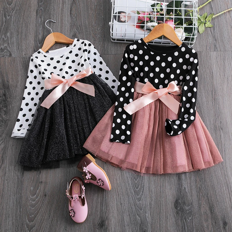Polka polka dots long sleeved tulle children's princess dress girl spring and autumn wedding birthday party vest children's casual wear