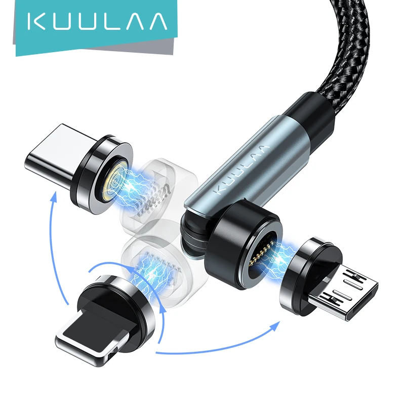 Вращающийся магнитный кабель KUULAA 3 в 1, магнитное зарядное устройство для быстрой зарядки, кабель Micro USB Type-C, коридор для iPhone, Xiaomi