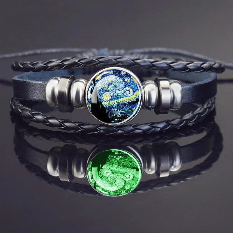 

Glow In The Dark Van Gogh Oil Painting Leather Bracelet Luminous Button Bracelet for men women