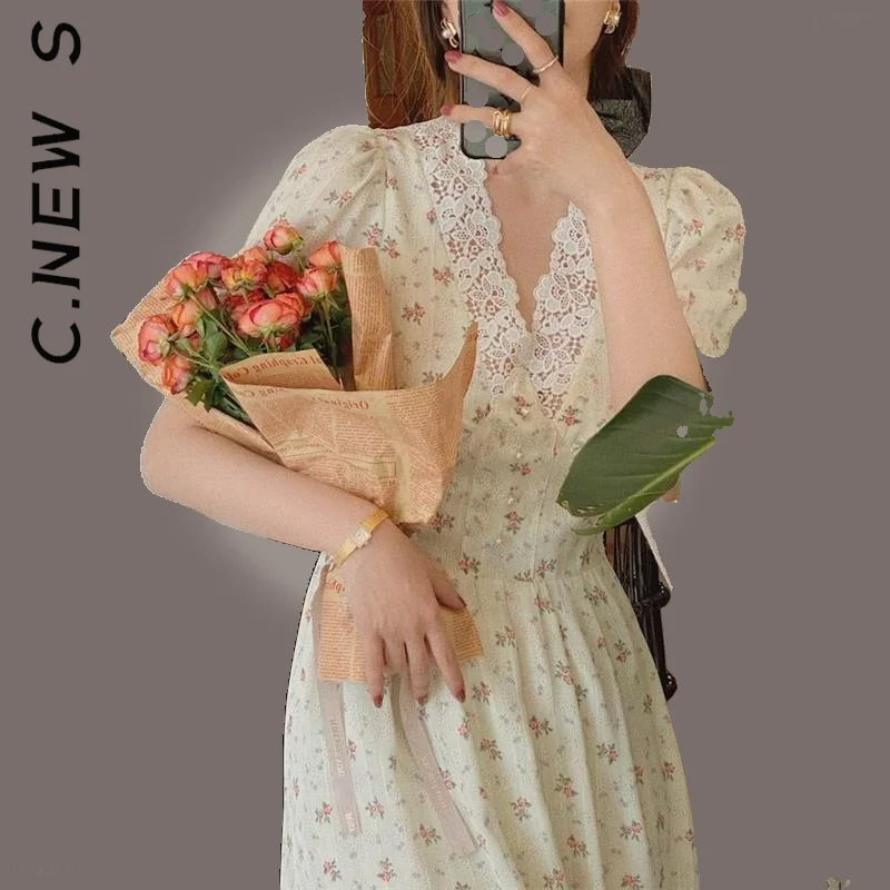 Новое цветочное кружевное шифоновое платье C.New S в Корейском стиле для вечеринки