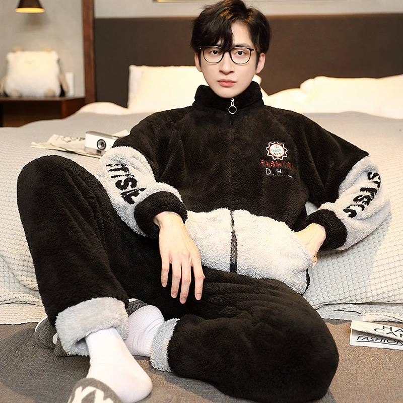 QIHENG 5XL Winter Men Pajamas Set Flannel Coral Fleece Thick Sleepwear Turtleneck Zipper Warm Nightwear Large Size Loungewear