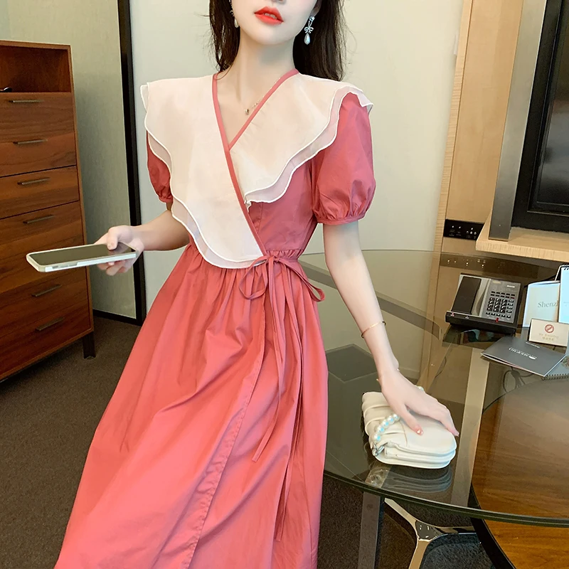 

COIGARSAM Summer Dress Women 2022 New French Style Vintage Ruffled Pink Black Long Dresses Dropshipping