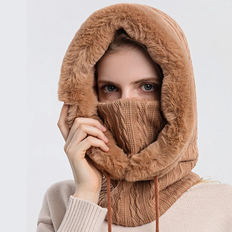 

Winter Fur Cap Set Hooded For Women New Knitted Cashmere Neck Warm Russia Outdoor Ski Windproof Hat Thick Plush Fluffy Beanies