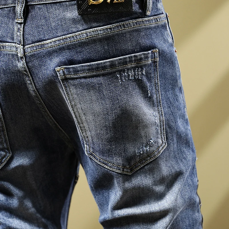 Fashion Designer Men Jeans Retro Blue Elastic Slim Ripped Jeans Men Gray Patched Hip Hop Pants Hombre Spliced Stretch Trousers