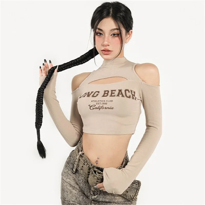 

Y2K Women Spring Autumn Style Sexy T-Shirts Tops Lady Casual Long Sleeve Off Shoulder Letter Printed Short Tee Shirts P81