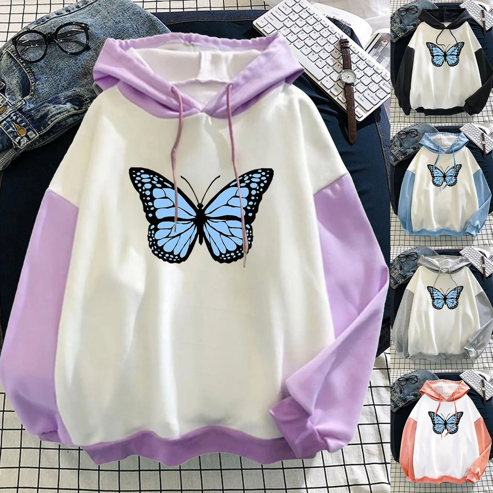 

2xl Hoodies Women Women Casual Long Sleeve Butterfly Print Drawstring Pullover Hoodie Color Block Sweatshirt Womens Sweater Zip