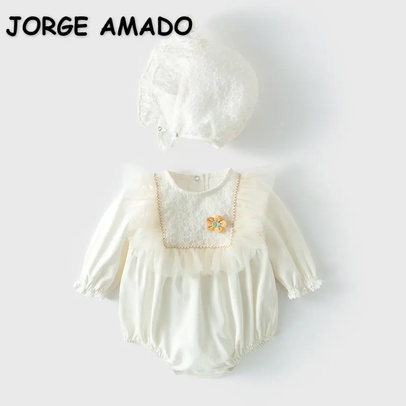

New Spring Autumn Baby Girl Bodysuit White Round Collar Long Sleeves Jumpsuit+Lace Cap Newborn Clothes E22213