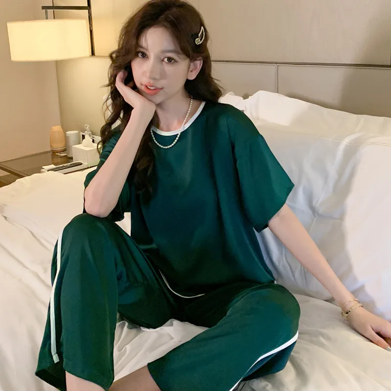 2023 New Spring, Summer and Autumn Silk Short Sleeve round Neck Pajamas Women's Suit Loose Large Size Ice Silk Leisure Homewear