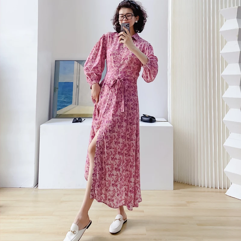 

2023 Spring and Summer New Printed Dress Lantern Sleeves Waist Ties Women Dress Midi Dress