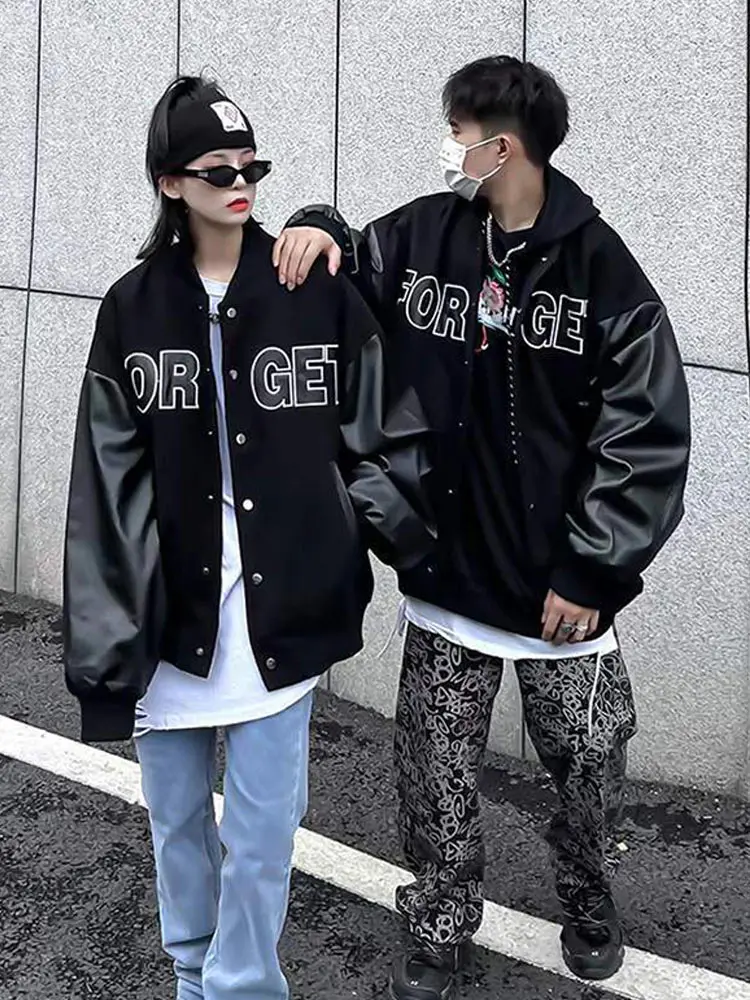 

Women Fashion Harajuku Letter Print stitching PU Leather Sleeve Coat 2022 Spring Female Casual Oversized Baseball Uniform Jacket