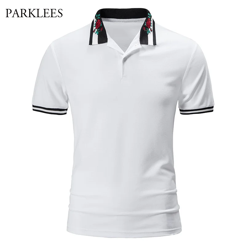 

PARKLEES Mens Rose Embroidery Polo Shirt Summer Fashion Short Sleeves Golf Polo Shirts for Men Regular-Fit Tennis T-Shirt Male