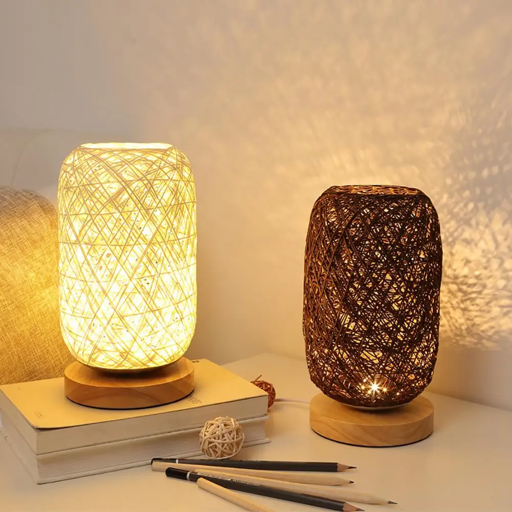 

Bed Table Lamp Hand-Knit Lampshade Wood Lamp Bedroom Home Wedding Decoration Moonlight Desk Light Bedside Lamp
