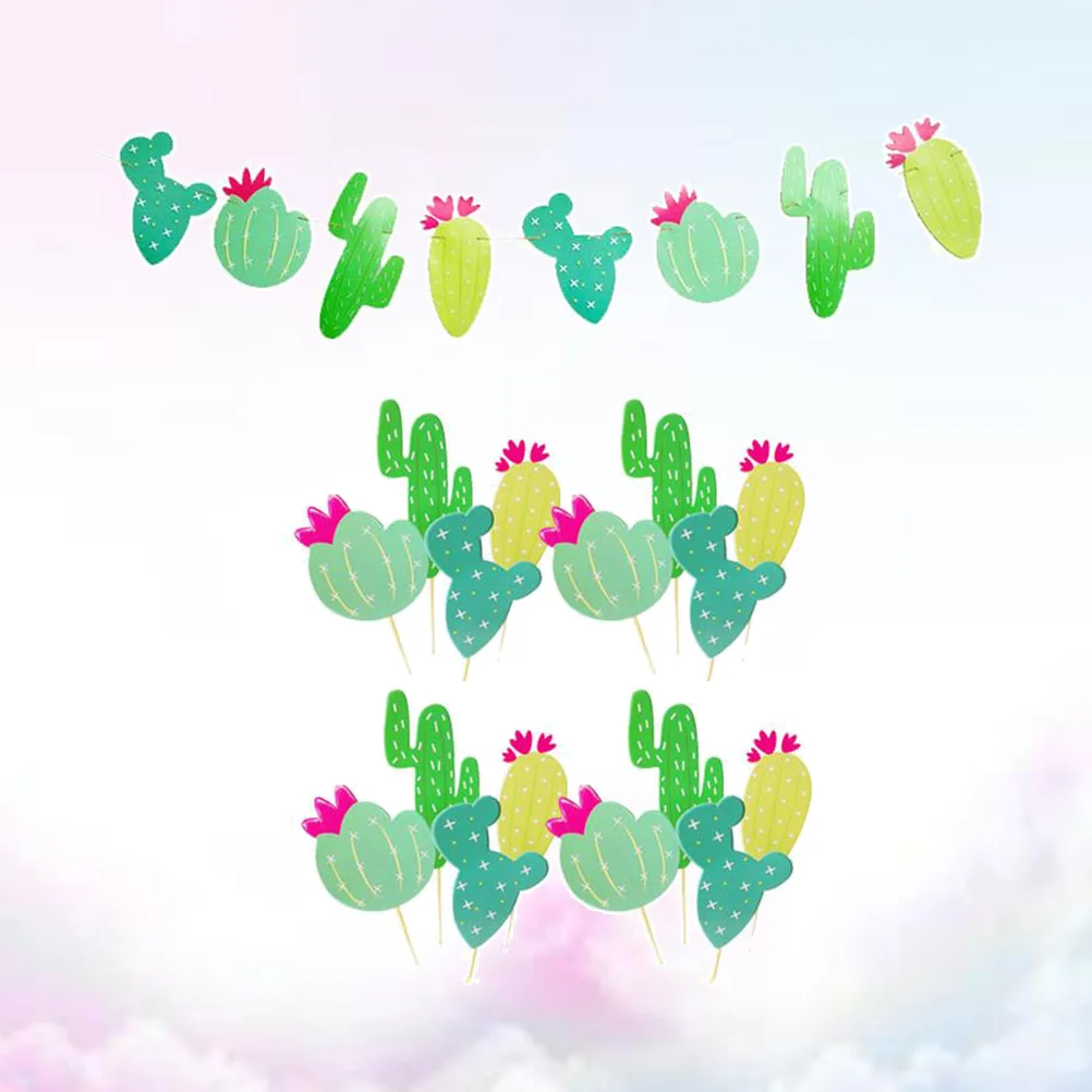 

25 Pcs Banner and Set Mexican Themed Party Garland Cake Picks Summer Tropical Wedding Party Decor (Green)