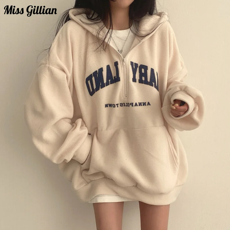 

Женская флисовая толстовка с капюшоном, Повседневная универсальная Толстовка Оверсайз на молнии с надписью, Осень-зима 2023