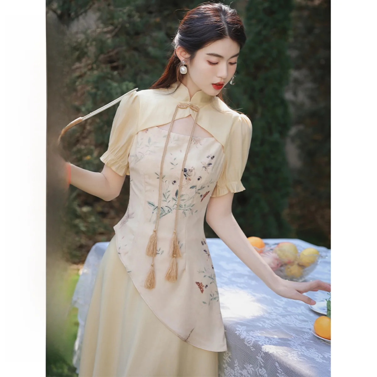 Новое китайское улучшенное летнее уличное платье на бретельках женское