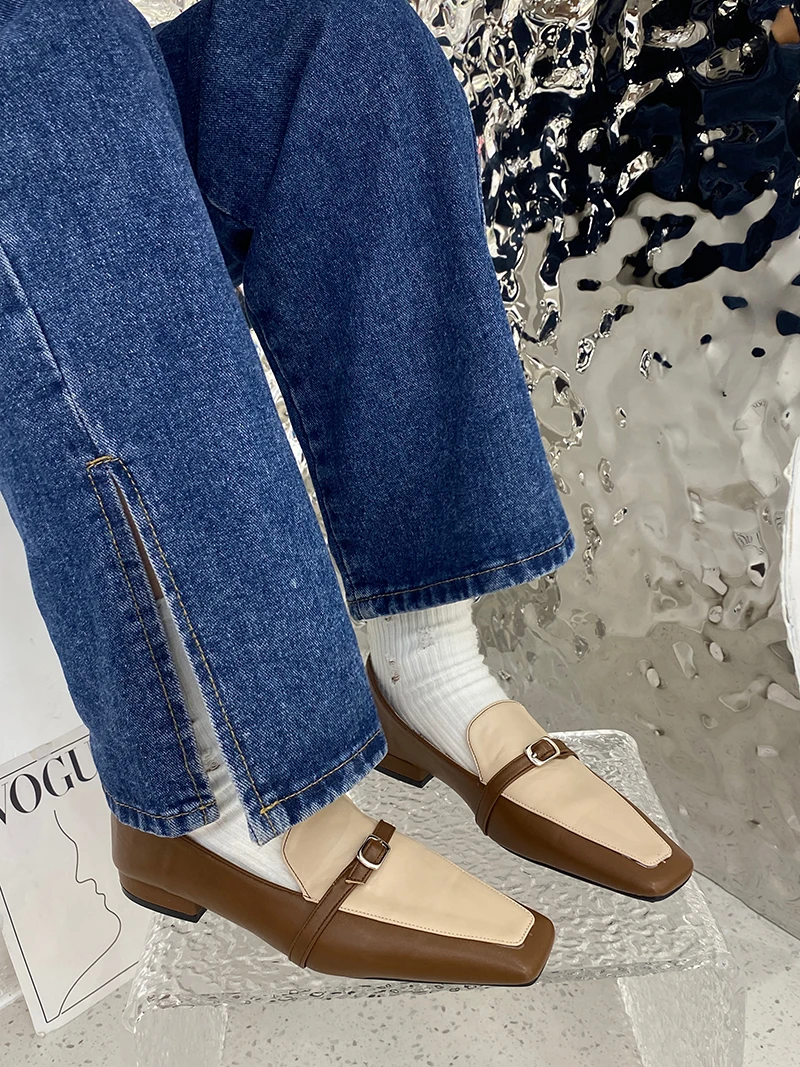 

Sqaure Toe Women Flats Loafers Low Flat Heeled Black Brown Belt Buckle Shallow Slip On Fashion Office Work Shoes Mules 35-39