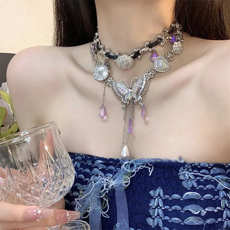 Ожерелье с бабочкой корейская мода блестящий кристалл кулон богемные украшения