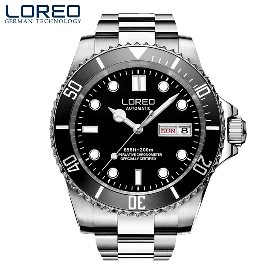 Фото Роскошные автоматические часы LOREO Diving Series для мужчин, механические часы с календарем из нержавеющей стали, водонепроницаемые до 200 м, модные повседневные часы №2