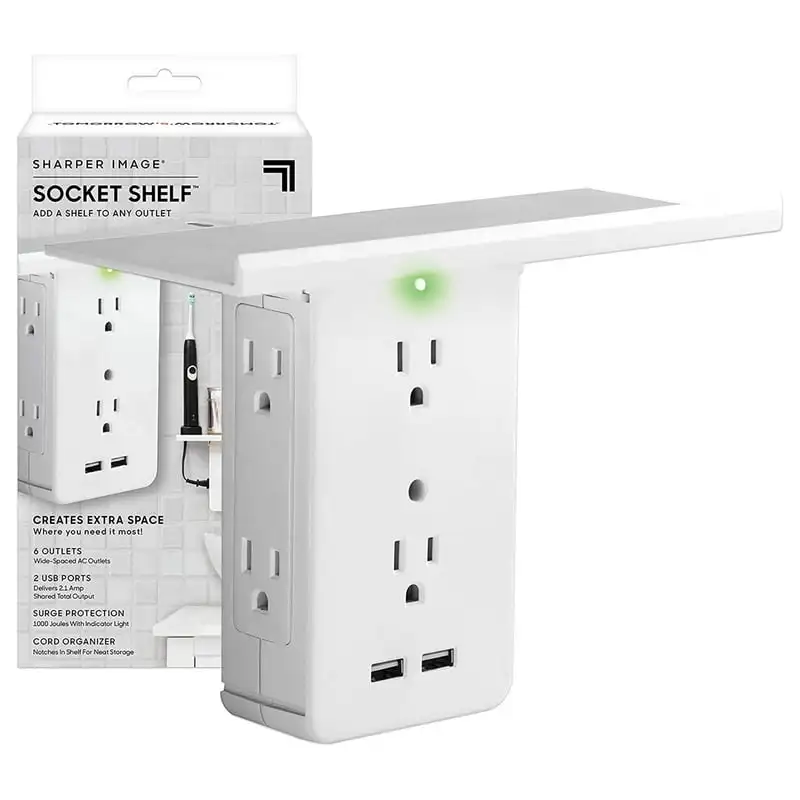 

Shelf, 6 Electrical Outlet Extenders, 2 USB Charging Ports, White Bathroom shelves Bathroom organizer and storage Bathroom orga