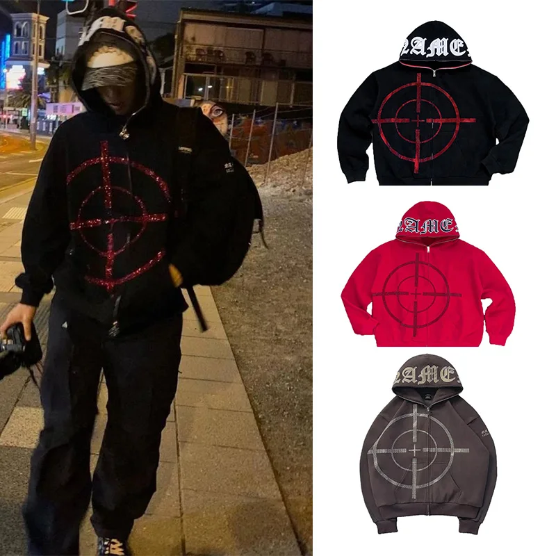 

Oversized Full Zip Up Over Face Diamond Rhinestone Y2k Hoodies Men Unisex Goth Punk Zipper American Harajuku Casual New Clothes