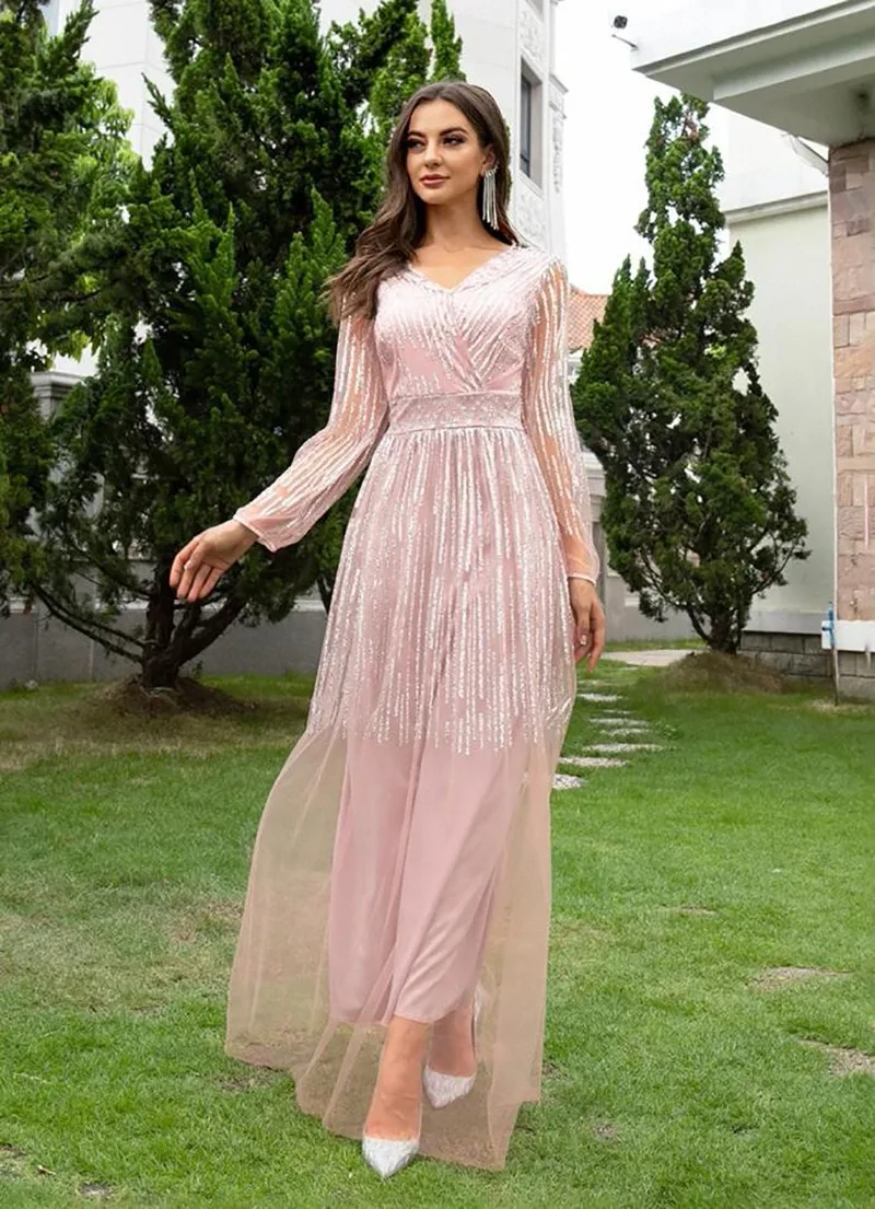 Autumn New Arrival Fashion Sexy Net Yarn Sequins Elegant Gown Long Sleeved Ladies Temperament Slim Fit Maxi Evening Dress