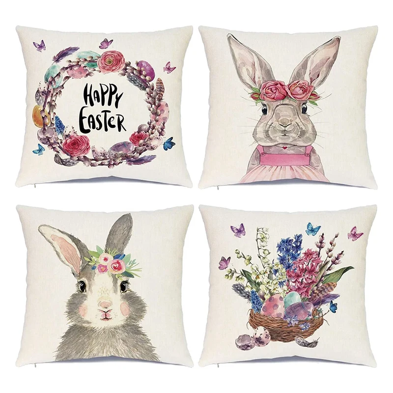 

4 Pack Easter Pillow Covers 18X18 Inch Easter Rabbit Eggs Pillow Case, Linen Throw Pillow Covers Zippered Square