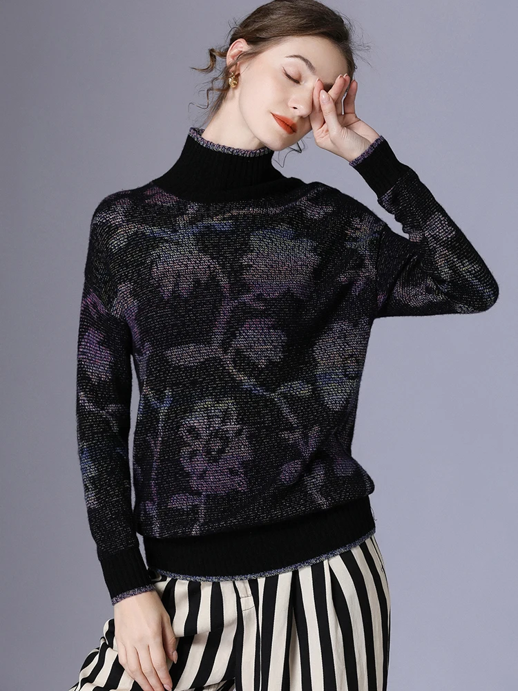 

Autumn Winter Clothes Casual Long Sleeve Stretch Print Mid Length Korean Fashion Tops Turtleneck Pullover Thick Women Sweater