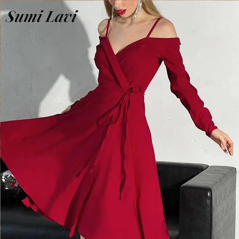 

Элегантное однотонное платье-трапеция с длинным рукавом, Осеннее женское мини-платье на бретельках с открытыми плечами и отложным воротник...