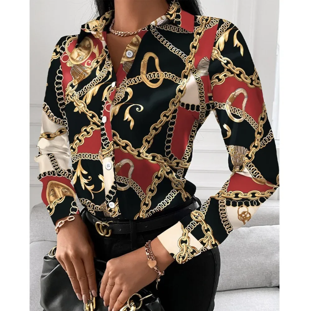 

Spring and Autumn Blouse Shirt Long Sleeve Geometric Print Temperament Single-breasted Cardigan Shirt Woman