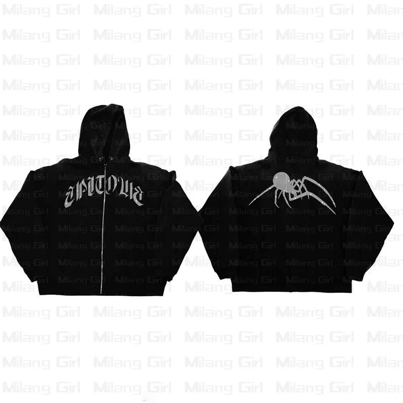 

Мужская толстовка на молнии Y2K, с рисунком паука и стразами, в готическом стиле, одежда в стиле панк, черные толстовки большого размера, уличная одежда на молнии