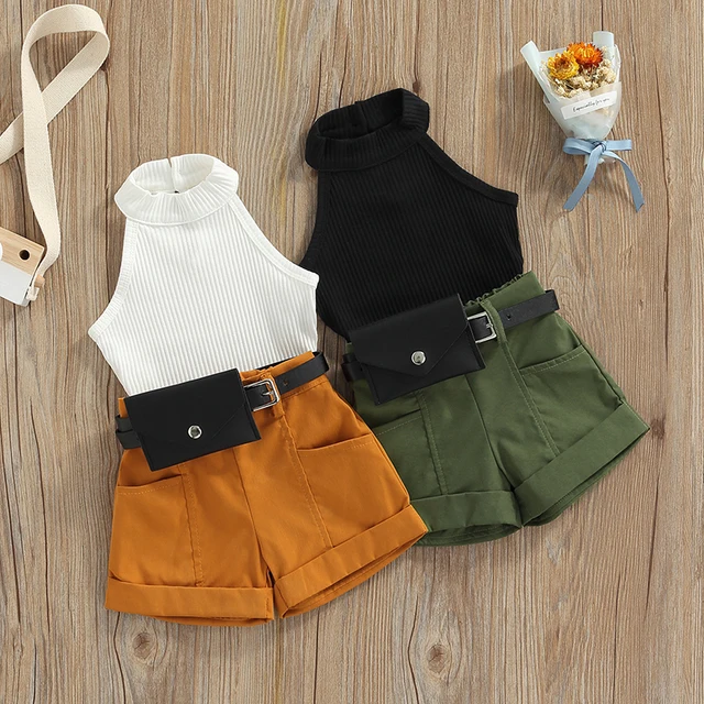 Free Shipping Kids Clothes Girls Solid Color Sleeveless Halter Tops + Shorts + Waist Bag Outfit Children Baby Set 1