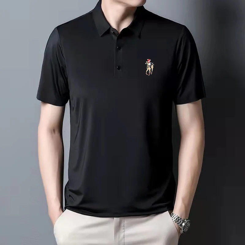 New Embroidered Men's Polo Shirt Summer Slim Fit Business Short Sleeve T-shirt Casual Polo Neck Ice Silk Shirt Men's Golf Appare