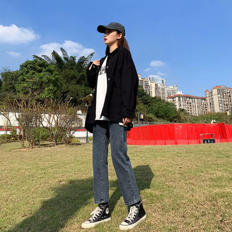 Jeans Women's loose autumn and winter style Versatile high waist, slim and elastic, 9-point Korean straight pipe trousers