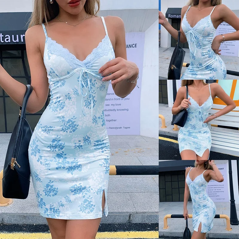 

Women's Printed Bag Hip Split Asymmetric Sling Dress Blue