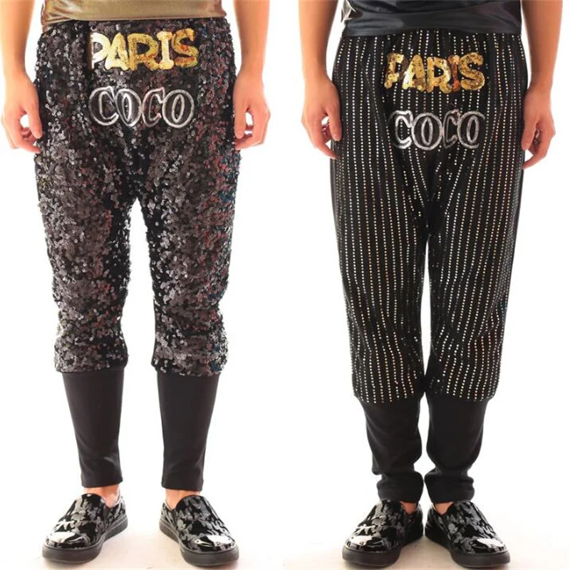 Stage personality men gold sequins pants harem pant men feet trousers singer dance rock fashion pantalon homme street novelty