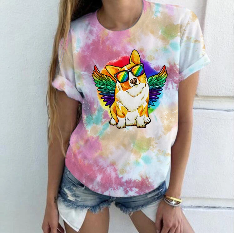 

Rainbow Pride Tee Tiedyed Shirt Lady Funny Corgi Dog Print 90s Clothes Female T Women Top Fashion Tshirt Summer Graphic T-shirts