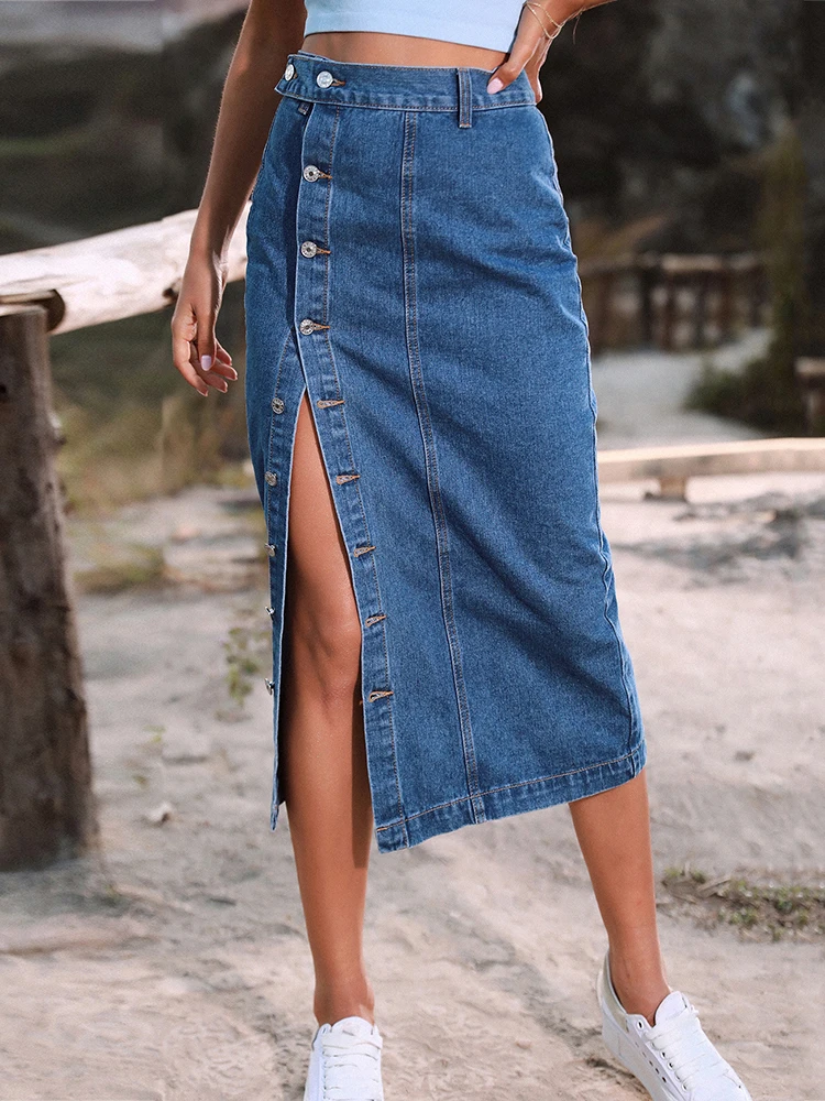 

Up High Waist Skinny Slit Jean Skirt Pencil Office Lady Single Breasted Knee Length Sexy Bodycon Denim Midi Skirts