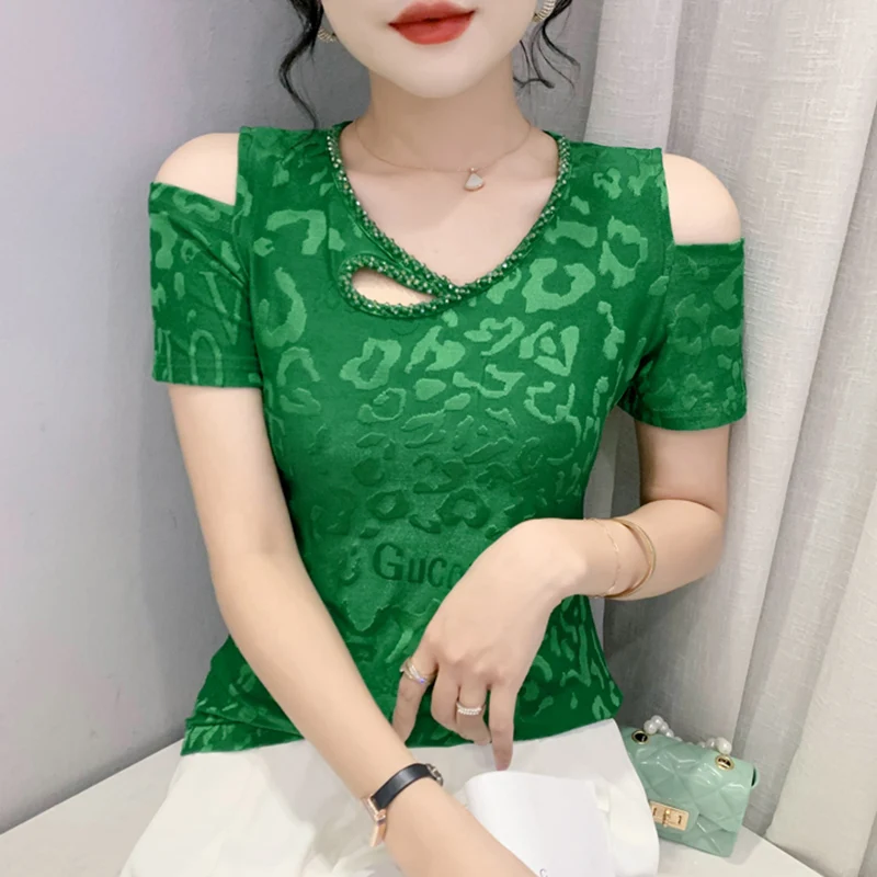 Женская эластичная жаккардовая футболка ажурный топ с коротким рукавом и