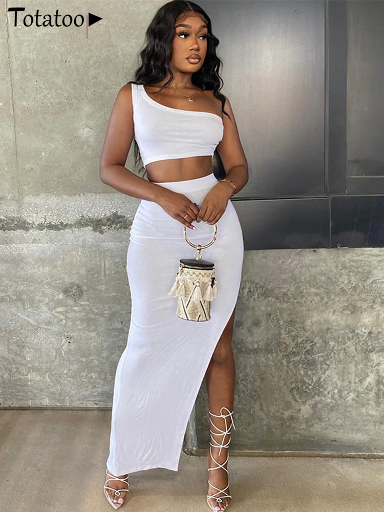 

Totatoop Beachwear Rib Knit Sexy 2 Piece Skirt Set Women 2022 Summer One Shoulder Crop Top & Split Bodycon Long Skirts Outfits