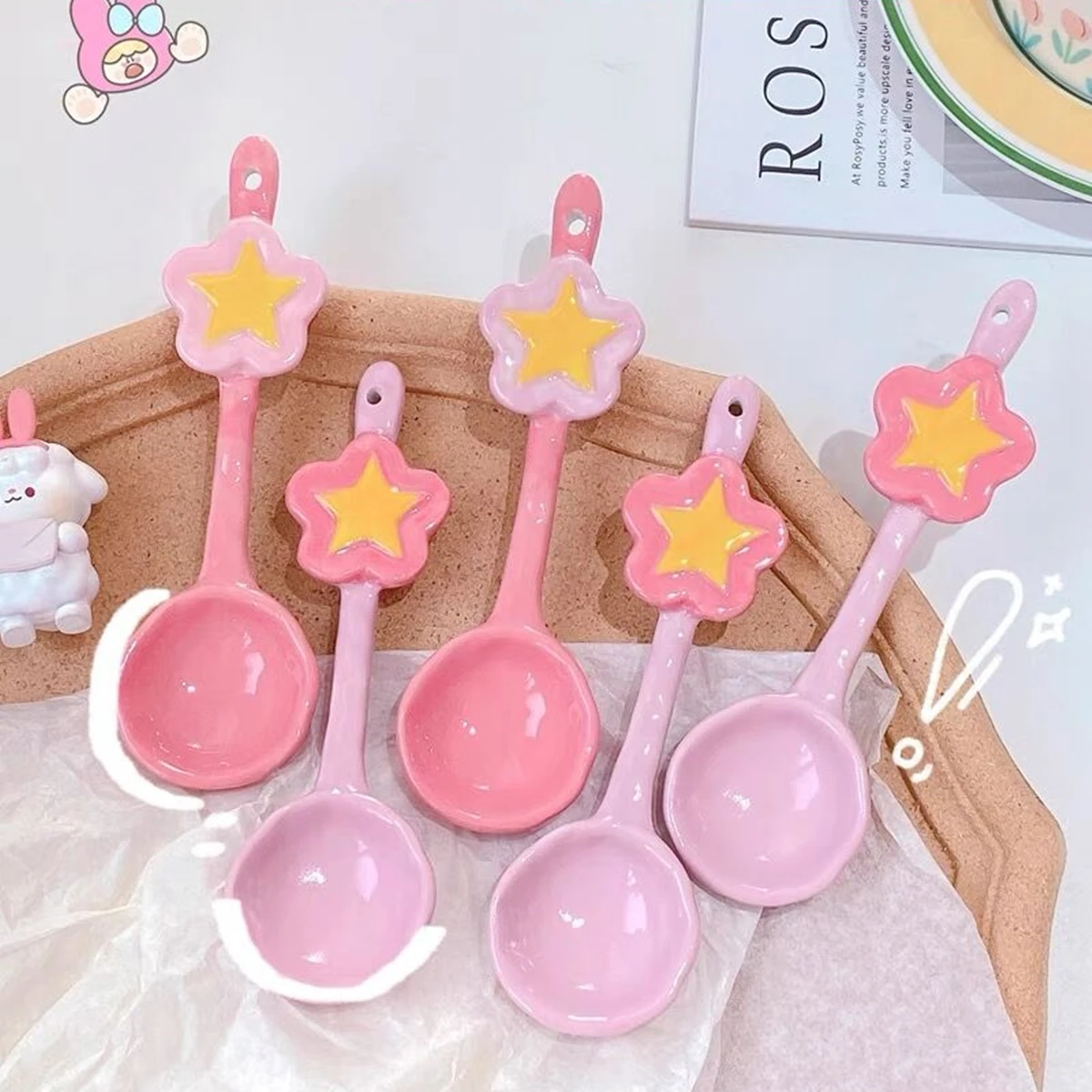 

Ins Style Japanese Style Stoneware Small Soup Spoon, Ceramic Spoon, Long Handle Spoon, Household Cute Creative Rice Spoon