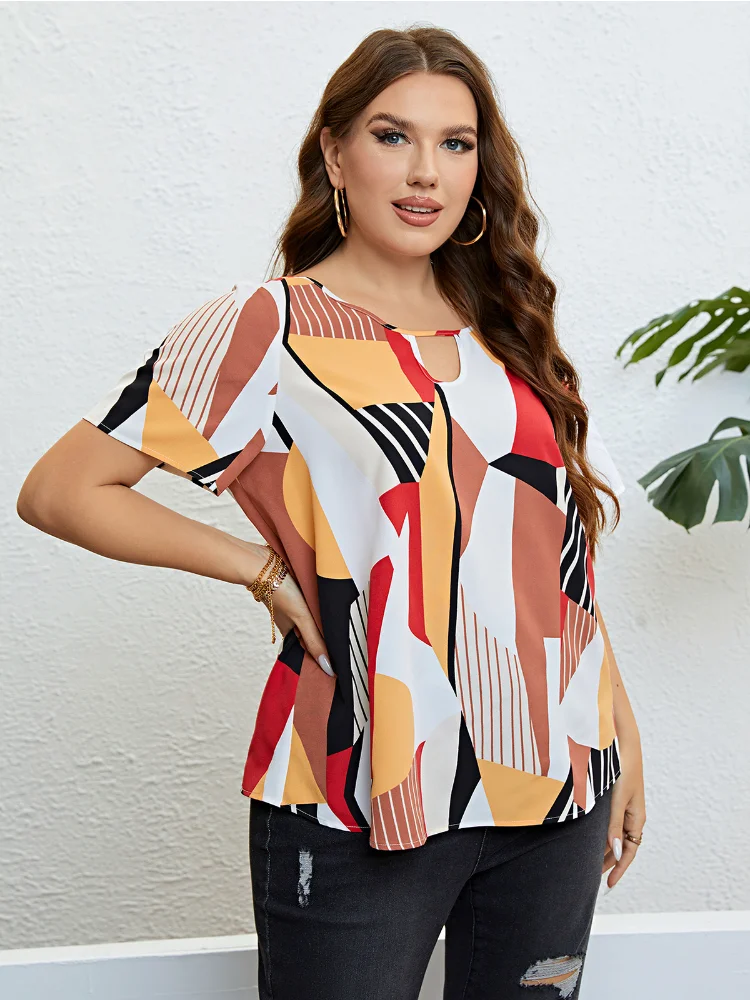 Summer round neck patchwork color loose breathable top top plus size  t-shirts  roupas femininas